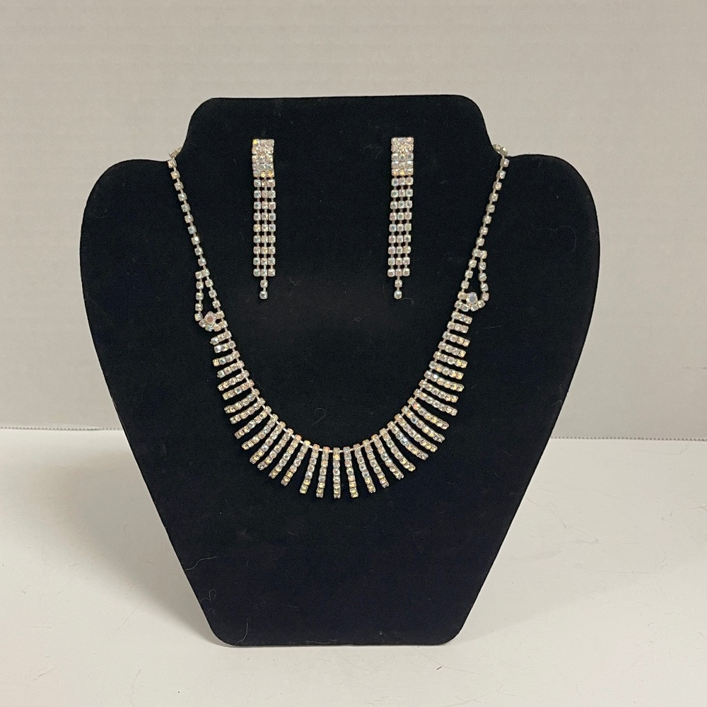 3 pc Rhinestone Princess Necklace and Earrings Set Signed Vintage